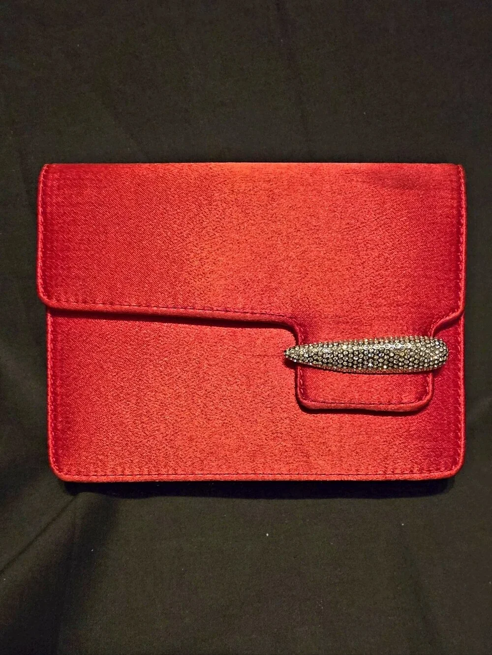 Swarovski Red Satin Evening Clutch Purse Featuring Pave Crystal 6x4.5x1.25
